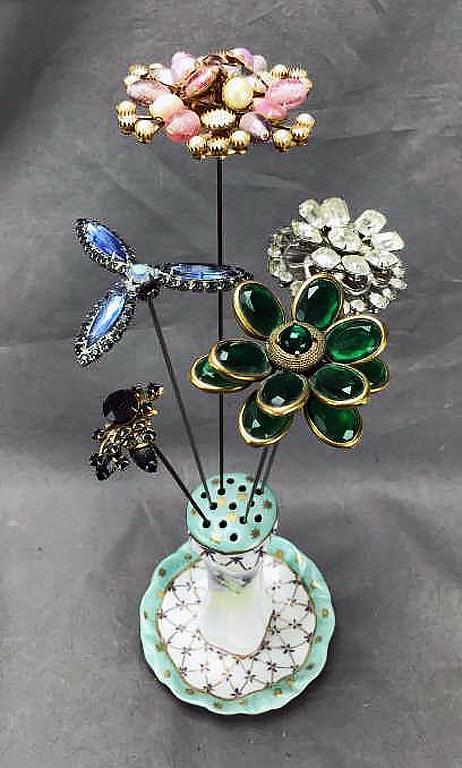 5 Vintage Rhinestone Hatpins, Porcelain Holder (1 of 3)