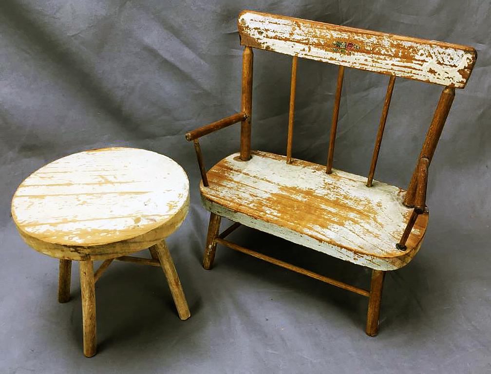 Miniature Antique Wooden Settee and Table: The settee measures approximately 9 1/2" tall and 8 3/4" wide.