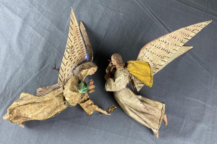2 Vintage Holiday Papier Mache Angels Italy: Each measures approximately 11" long. From an estate of the family of R.E.Olds of Lansing Michigan.