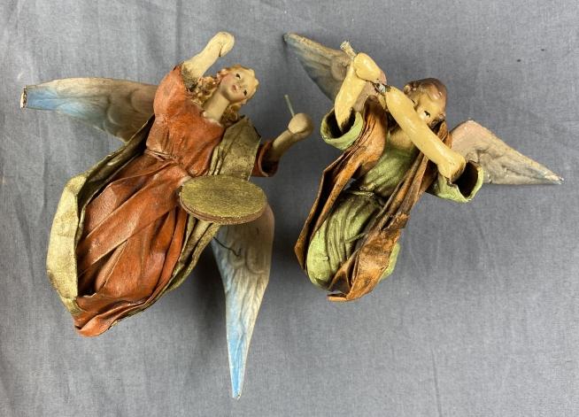 2 Vintage Italian Papier Mache Holiday Angels: The larger measures approximately 6" long. From an estate of the family of R.E.Olds of Lansing Michigan.