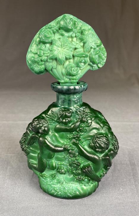 Desna Green Art Glass Perfume Bottle: Made in Bohemia, Czech Republic. Measures approximately 6 1/2" tall.