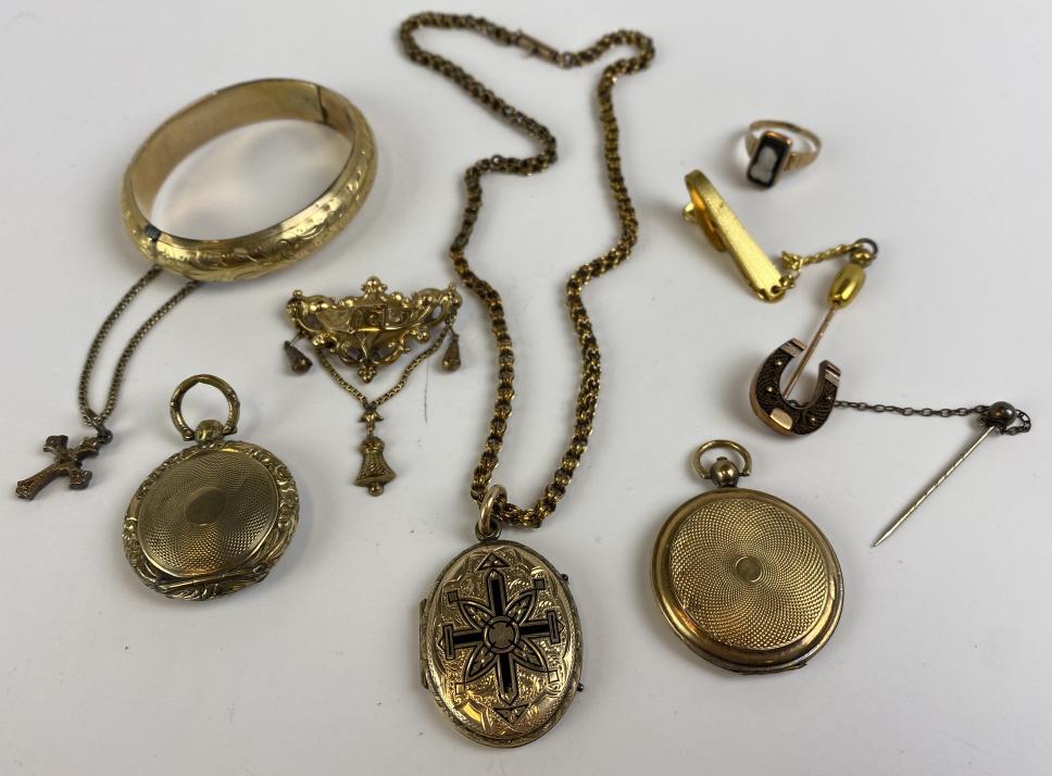 Group of Antique Victorian Gold Filled Jewelry: Includes 3 lockets, a bracelet, 2 pins and a ring.