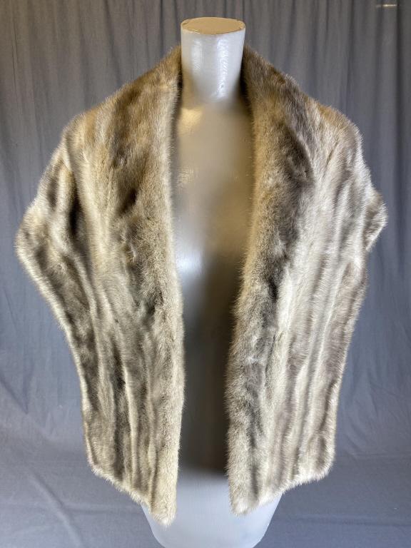 Vintage Silver Mink Stole: Labeled H.W. Blaine Furs of Beverly Hills and monogrammed. Measures approximately 57" from end to end and 13" from the back of the neck to the hem From an estate of the family of R.E. Olds of Lansing