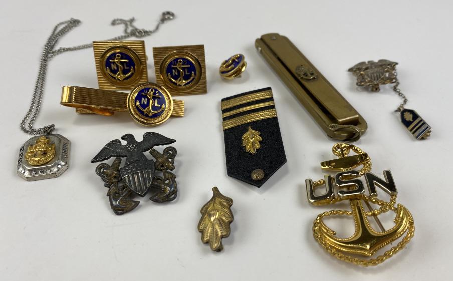 Group of Vintage U.S. Navy Jewelry: Some marked Sterling and some gold filled.