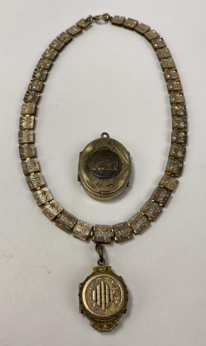 2 Ornate Victorian Gold Filled Lockets: Mixed shades of gold, unmarked.