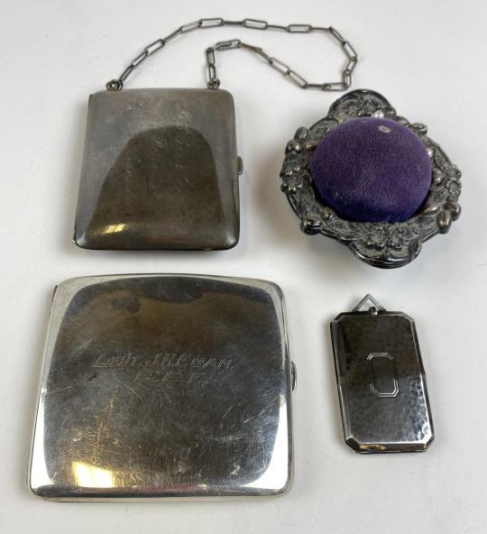 Group of Small Vintage Sterling Silver Pieces: Includes a cigarette case, a card case with a mirror and tiny mechanical pencil, a pin cushion and a locket.