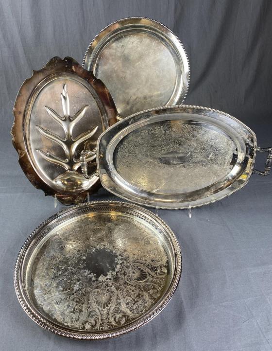 Group of 3 Vintage Silver Plated Serving Trays: For size, the oblong handled tray measures approximately 20" wide.