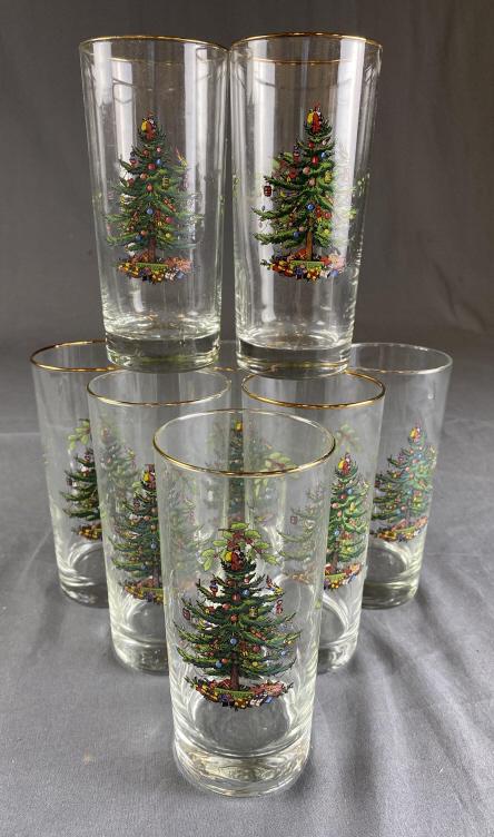 8 Spode Christmas Tree 12 Oz Highball Glasses: Each measures approximately 6 1/4" tall. Som wear to the gold edges at the rim. From an estate of the family of R.E. Olds of Lansing, Michigan.