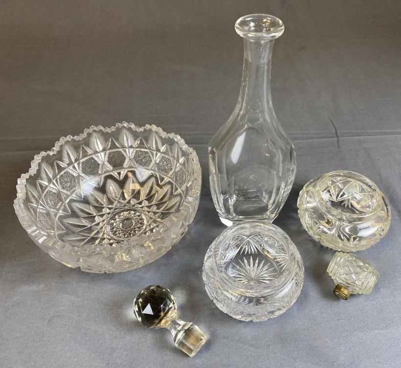 Group of 6 Vintage Cut Crystal Pieces: Including an Orrefors decanter without a stopper, a brilliant cut serving bowl ( a few tiny nicks along the edge, 2 small powder jars or bowls ( possibly missing lids, a stopper ( nicks) and a little 