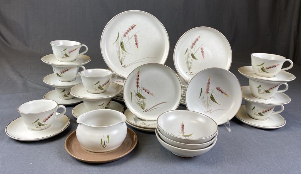 Denby Harvest Ironstone Partial Service England: Marked as shown, signed A. College. Includes (8) 10" dinner plates, 9 salad plates 3 bread & butter plates (3) 5 5/8" bowls, (1) 6 3/4" bowl, a gravy boat with attached underplate and 9 cups and sauce