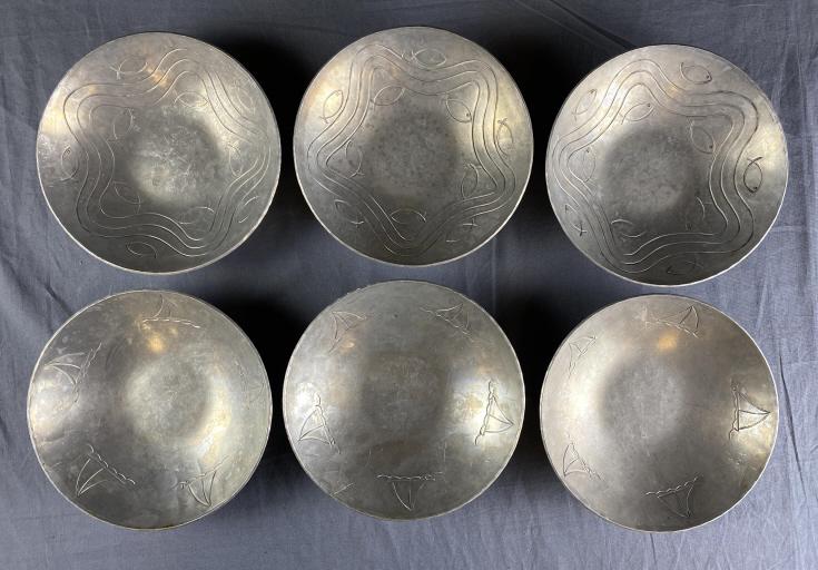 6 Palmer Smith Art Deco Aluminum Bowls: Each measures approximately 8 1/4" in diameter and 1 7/8" tall. From an estate of the family of R.E. Olds of Lansing, Michigan.