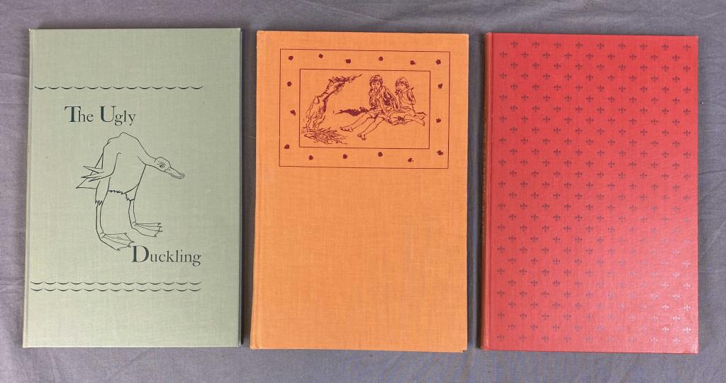 3 Children's Volumes The Limited Editions Club: Includes: "The Ugly Duckling" by Hans Christian Andersen - translated by Jean Hersholt and illustrated by Everett Gee Jackson dated 1949 numbered 1271 out of 2500 and signed by Hersholt and Jackson. "
