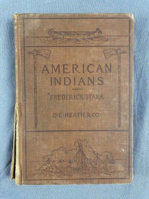 American Indians Frederick Starr 1898: Hardcover, former library book. Wear and tearing o the cloth covering loose spine and loose pages, some discolored pages.