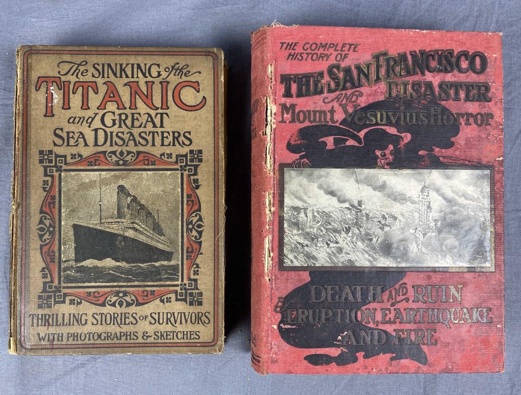 Period Disaster Books Titanic & San Francisco: Includes "The Sinking of the Titanic and Great Sea Disasters" edited by Logan Marshall copyright 1912. The binding is in rough condition as shown. Also included is " The Complete History of the San Fr