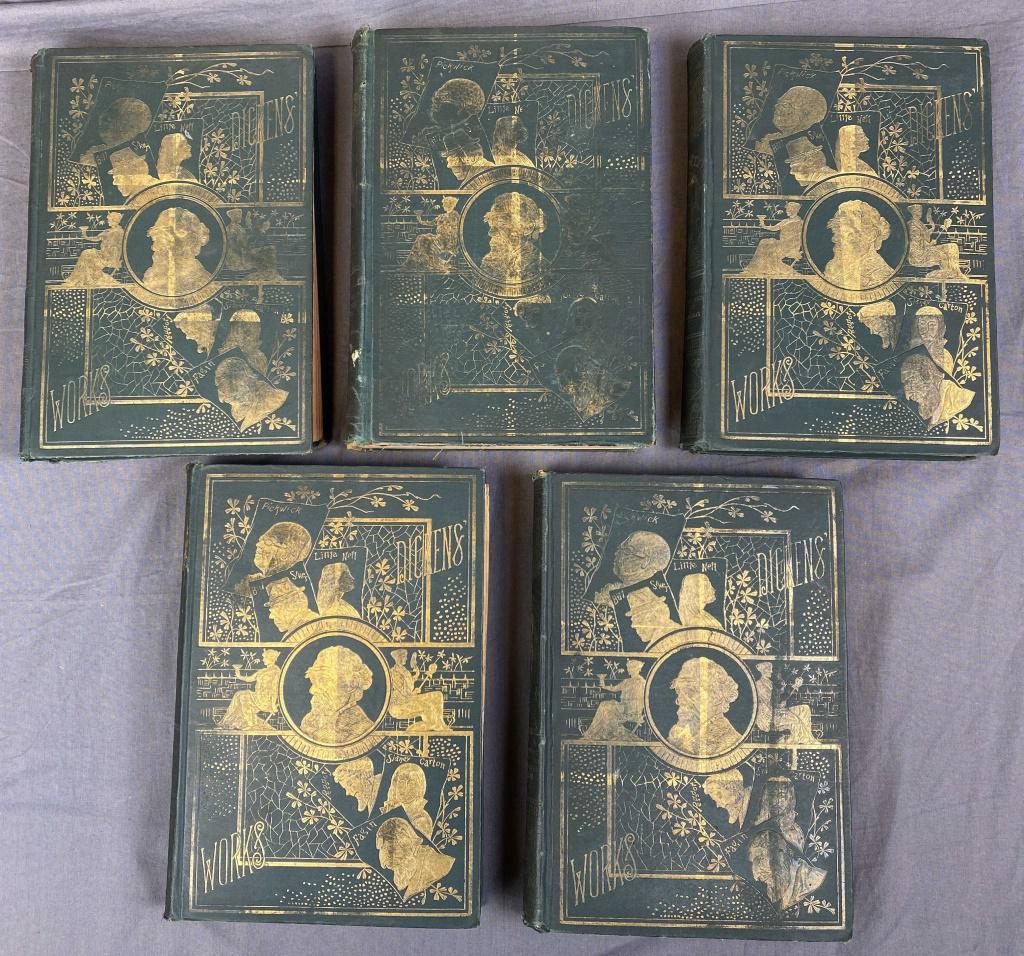 Works of Charles Dickens 1870, Vol. 1,3,4,5,6: P.F. Collier hardcover including 5 of 6 volumes. Embossed green covers, some wear and damage such as the most noticeable examples shown in photos.