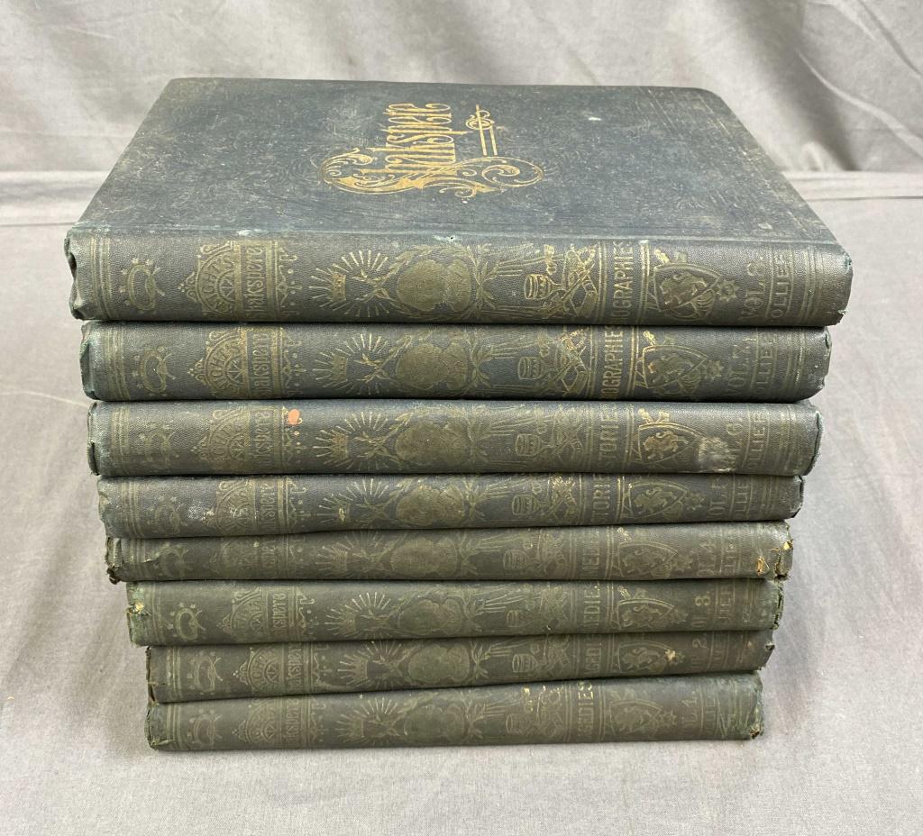 The Pictorial Edition of the Works of Shakespeare: The complete 8 volume set circa 1870s. Hardcover embossed green cloth binding. Most have considerable wear, cracked spines, some tears loose pages and foxing some of which is shown in the photos.