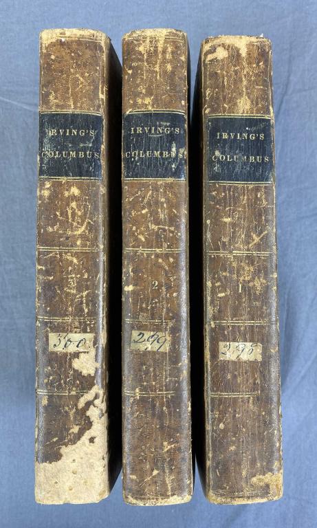 A History of the Life of Christopher Columbus: Washington Irving 3 volume set 1828. Published by G. & C. Carvill. Brown leather bindings with black title labels. Large folding map at the front of the first volume. Please examine photos for conditi