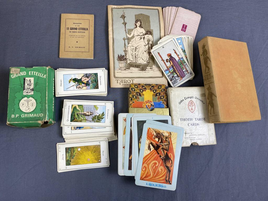 Tarot Instructional Books and Sets of Cards: Includes a 1958 edition of The Tarot of the Bohemians by Papus and more as shown. All three decks have 78 cards.