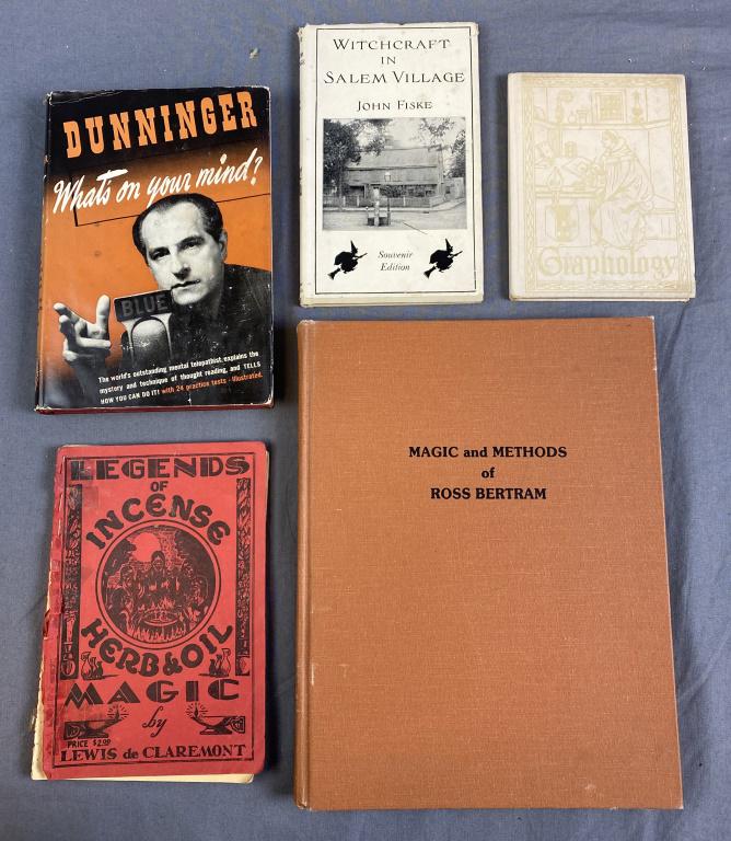 5 Vintage Books - Magic, Witchcraft, Telepathy...: Includes Witchcraft in Salem Village, Dunninger What's on Your Mind?, Legends of Incense, Herb and Oil Magic, Magic and Methods of Ross Bertram and Graphology by Louise Rice. See photos for condition 