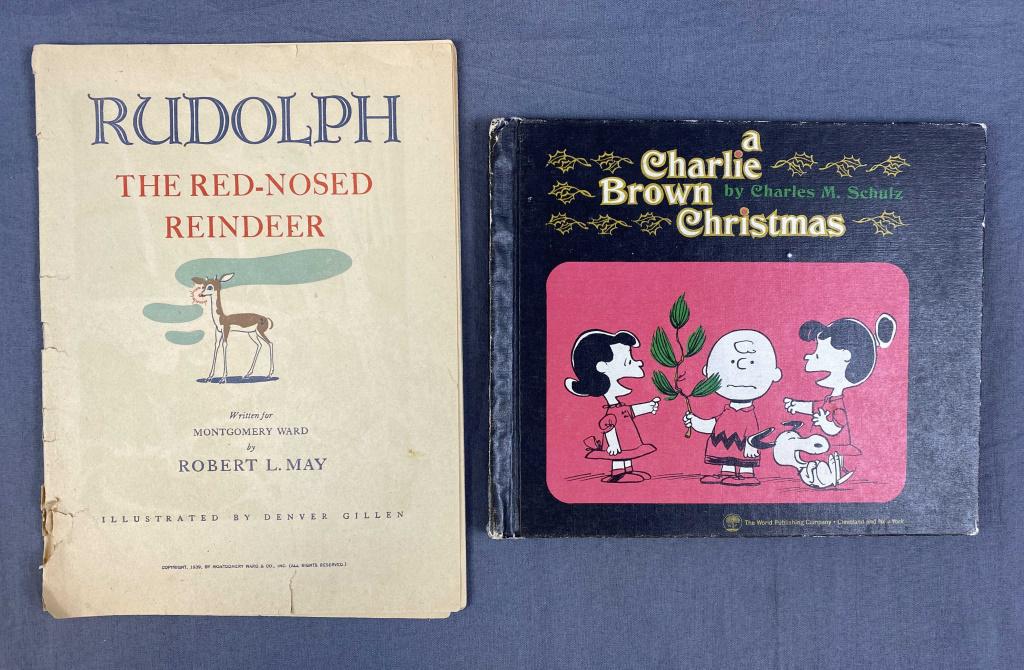 Original Holiday Books Rudolph, A Charlie Brown: Christmas. Includes an original paperback Rudolph the Red-Nosed Reindeer by Robert L. May dated 1939 by Montgomery Ward - it has some wear and tearing on the cover. Also includes A Charlie Brown Chris