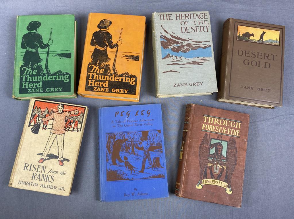 Vintage Children's Adventure Books- Zane Grey...: Includes 4 hardcover Zane Grey nobels - 2 copies of The Thundering Herd from 1925, The Heritage of the Desert 1910 (detached spine) and Desert Gold 1913. Also included is Horatio Alger Risen from the 