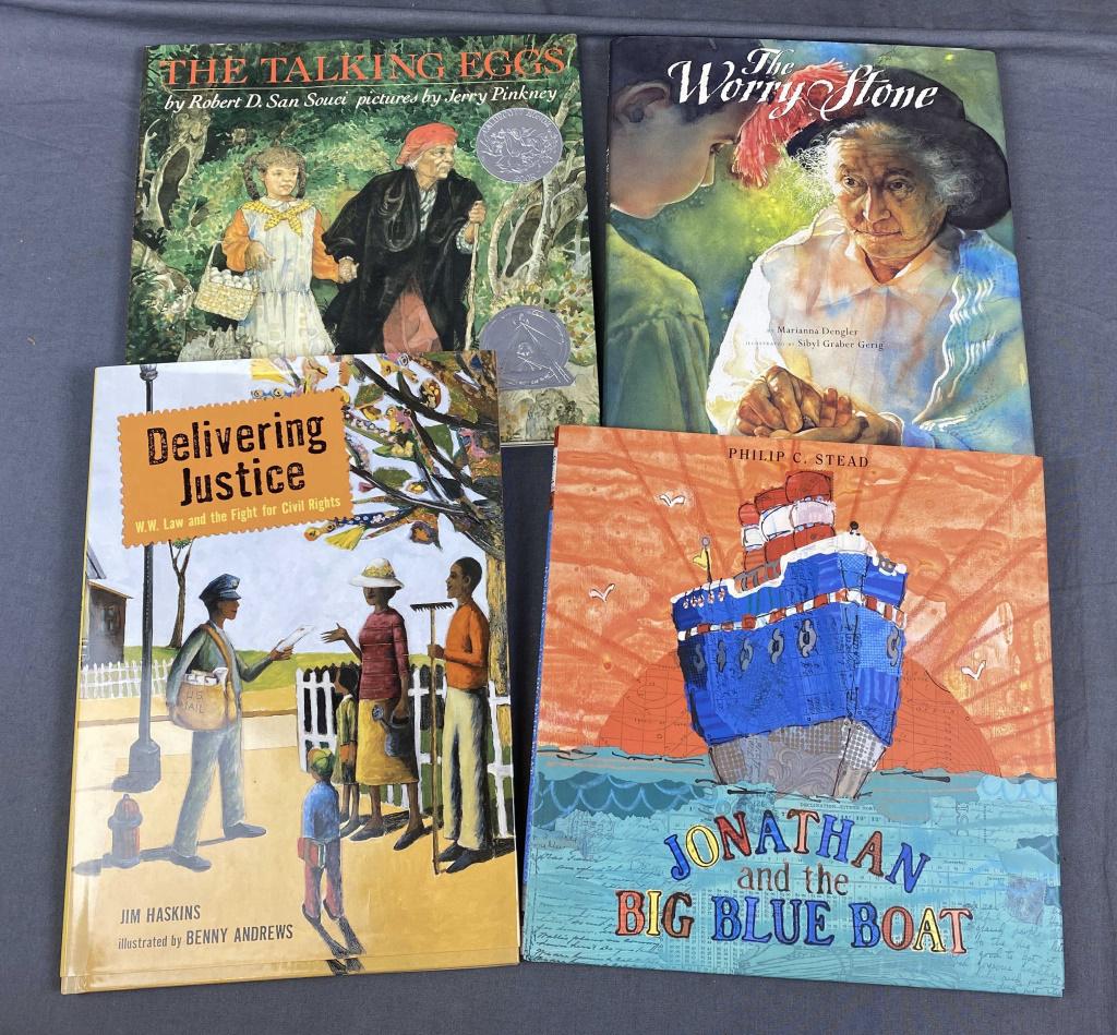 4 Signed Illustrated Hardcover Children's Books: Includes The Talking Eggs by Robert D. San Souci 1989, The Worry Stone by Marianna Dengler 1996, Delivering Justice by Jim Haskins 2005 and Jonathan and the Big Blue Boat by Philip C. Stead 2011.