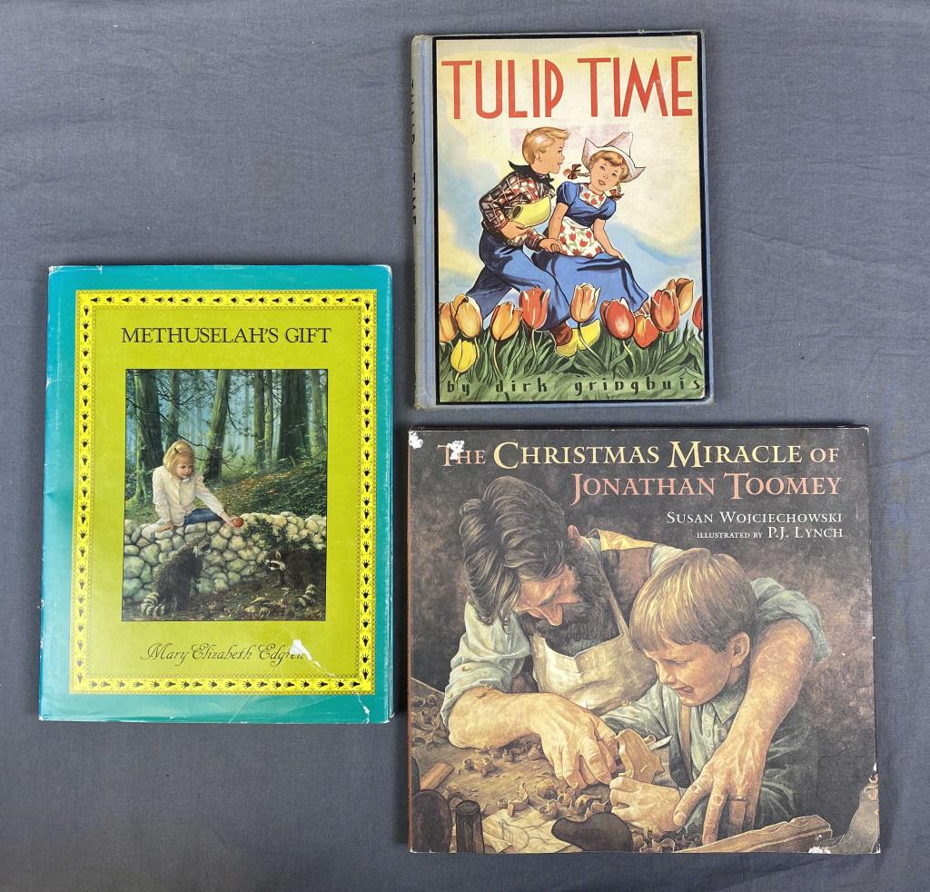 3 Signed Vintage Children's Books: 3 hardcover children's books including Tulip Time by Dirk Gringhuis 1951, The Christmas Miracle by Jonathan Toomey 1995 and Methuselah's Gift by Mary Elizabeth Edgren 1989.