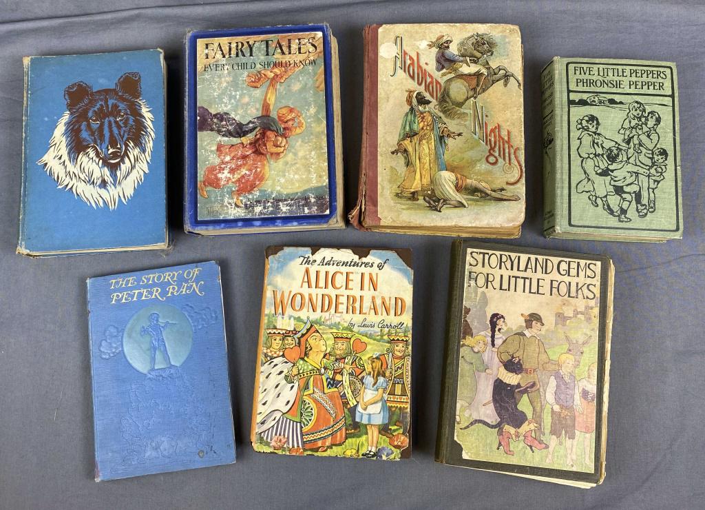 7 Vintage Children's Books: Includes The Story of Peter Pan,The Adventures of Alice in Wonderland, Lassie Come Home and more. As found, see photos for details and condition.