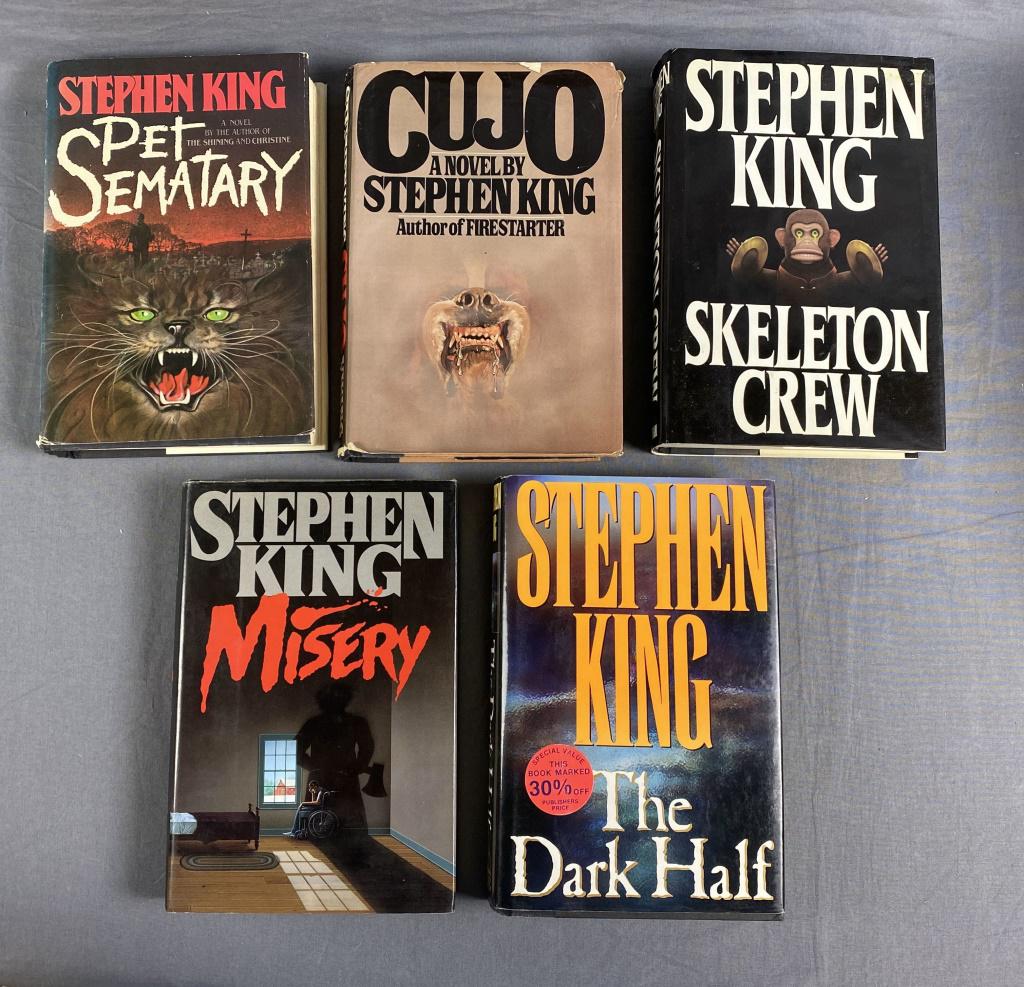 5 Vintage Stephen Hardcover Books: Includes Pet Sematary, Cujo, Skeleton Crew, Misery and The Dark Half. See photos for details and condition.