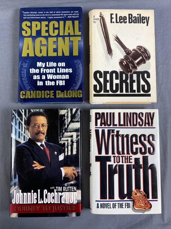 4 Signed Law and Order Themed Books: Includes Special Agent by Candice DeLong, Secrets by F. Lee Bailey, Journey to Justice by Johnnie Cochran Jr. and Witness to the Truth by Paul Lindsay. See photos for details and condition.
