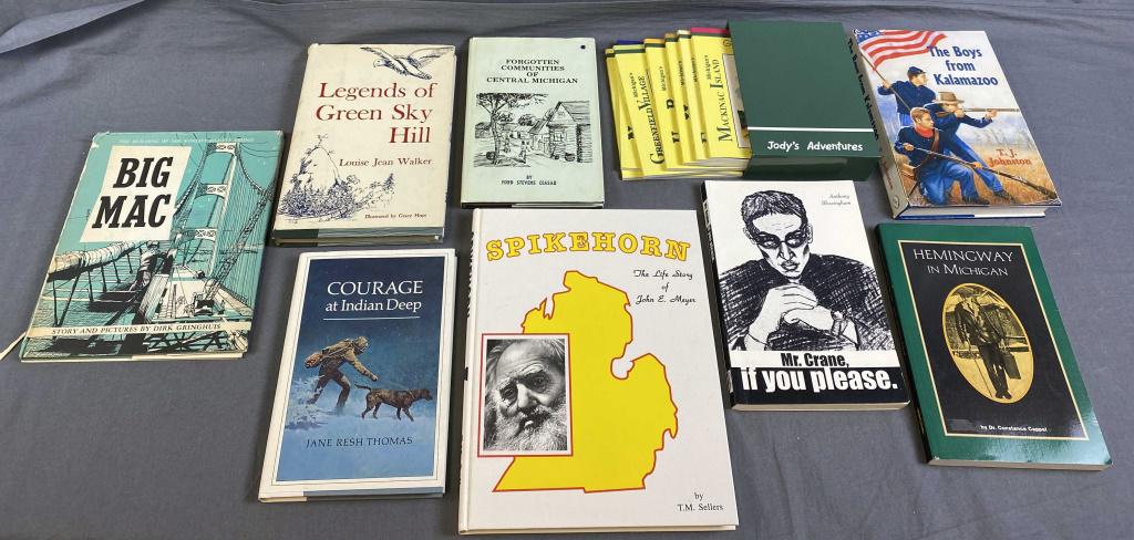 9 Books with a Michigan Connection, Most Signed: Includes "Big Mac; The Building of the World's Biggest Bridge" by Dirk Gringhuis - signed 1st edition, "Legends of Green Sky Hill" by Louise Jean Walker -signed first edition, "Courage at Indian Deep"