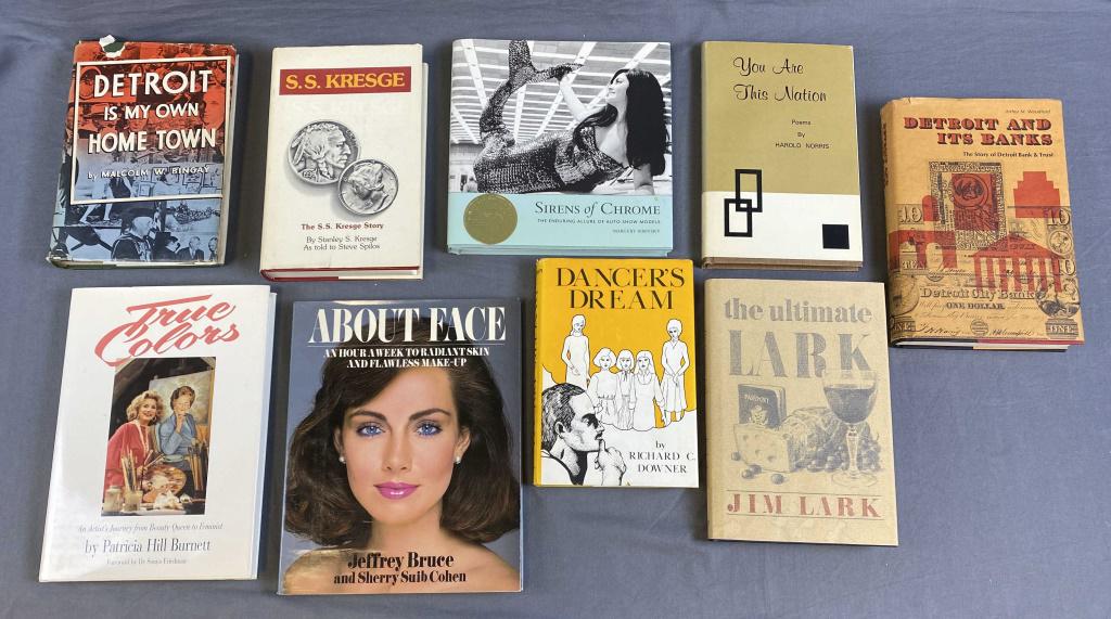 9 Signed Books with a Detroit MI Connection: All hardcovers with dust jackets. Includes "Detroit is My Home Town" by Malcolm W. Bingay - signed first edition, S.S.Kresge by Stanley S. Kresge - signed first printing, "Sirens of Chrome; The Enduri