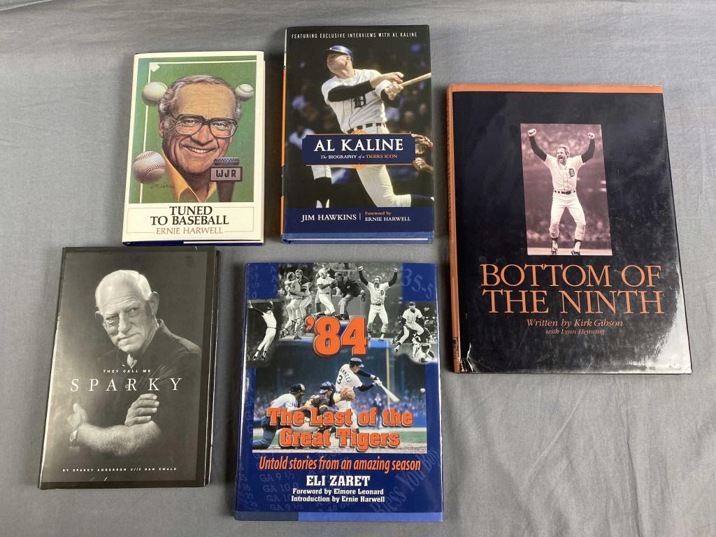 5 Signed Books on Detroit Tiger Baseball: Includes "Tuned to Baseball" by Ernie Harwell- signed, "Al Kaline; The Biography of a Tigers Icon" by Jim Hawkins - signed, "Bottom of the Ninth" by Kirk Gibson - signed, "They Call Me Sparky" by Spar