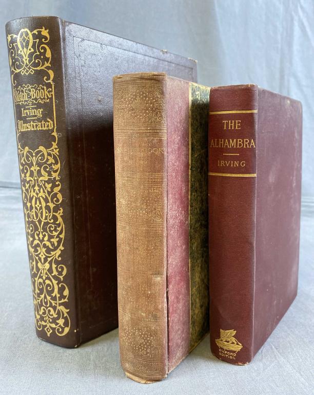 3 Washington Irving Books - Alhambra, Sketchbooks: Includes a leather bound facsimile edition of"The Sketch Book" 1981, an undated older edition of the same and "The Alahambra" also undated. See photos for details and condition.