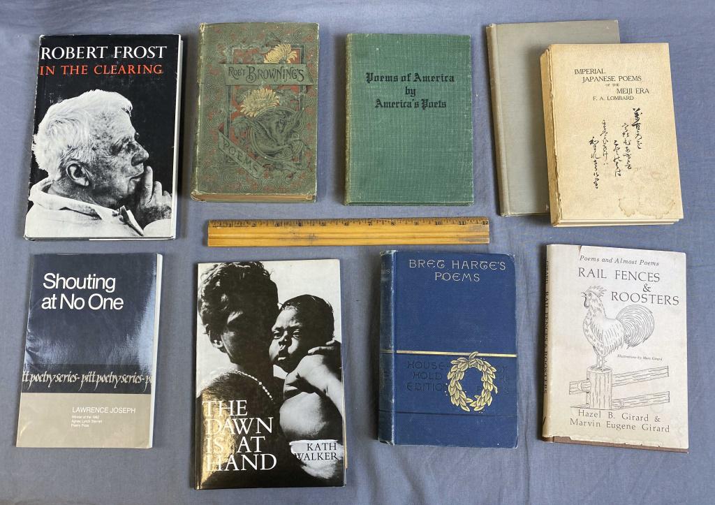 Collection of 9 Vintage Poetry Books, Some Signed: Includes a signed edition of "In the Clearing" by Robert Frost, a signed edition of "Shouting at No One" by Lawrence Joseph, a signed edition of The Dawn is at Hand by Kath Walker, a signed edition of