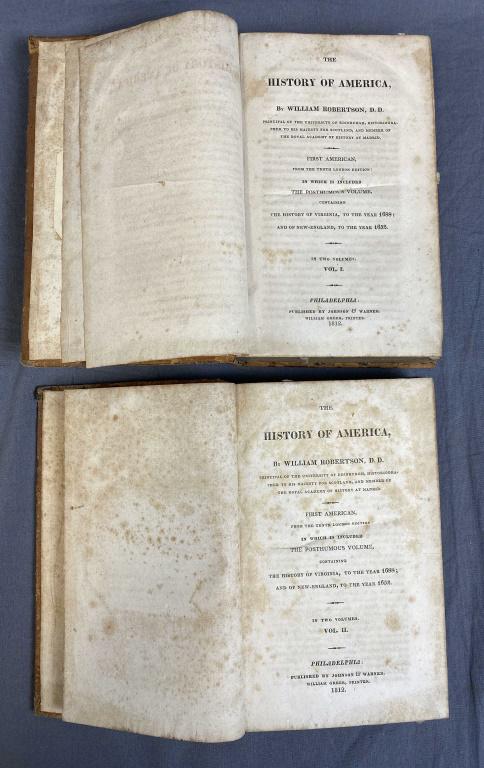 The History of America, William Robertson 1812: In 2 volumes dated 1812, leather bound. See photos for details and condition.