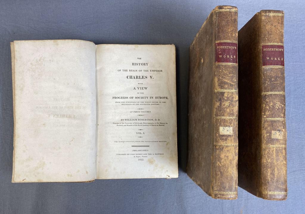 The History of the Reign of Charles V, Robertson: The Reign of Charles V by William Robertson dated 1812 in 3 volumes. Leather bound, details and condition as shown in photos.