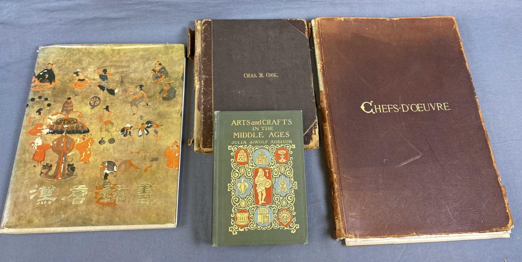 Group of 4 Interesting Older Art Books: Includes "Arts and Crafts in the Middle Ages" by Julia deWolf Addison 1908, "Murals from the Han to the Tang Dynasty" 1974, a 19th C. "scrap book" labeled "Chas. M. Cook" " Christmas 1880" filled with