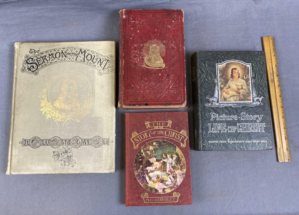 4 Vintage Books on the Life of Christ: Includes "Life of Christ" by John Fleetwood 1867, "The Story of the Christ" by M.G. Stanley, "The Sermon on the Mount" 1885 and "Life of Christ" by Elsie Egermeier 1947. Condition and other details as
