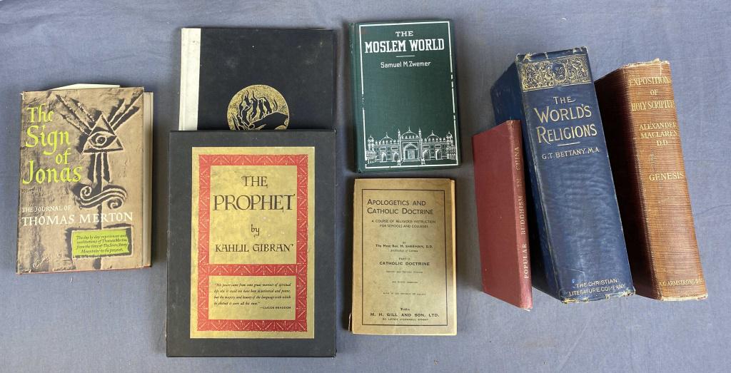 7 Vintage Books on Religion and Spirituality: Includes "The Prophet" by Khalil Gibran 1971, "The Sign of Jonas" by Thomas Merton 1953, "The Moslem World" by Samuel Zwemer, "Apologetics and Catholic Doctrine" by .M. Sheehan, "The World's Religions