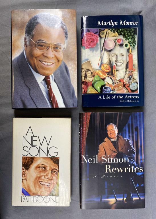 4 Signed Celebrity Memoirs and Biographies: Includes "Voices and Silences" by James Earl Jones 1993 - signed, "Marilyn Monroe, A Life of the Actress" by Carl Rollyson Jr. 1986 - signed, "A New Song" by Pat Boone 1970 - signed 1st edition and "R