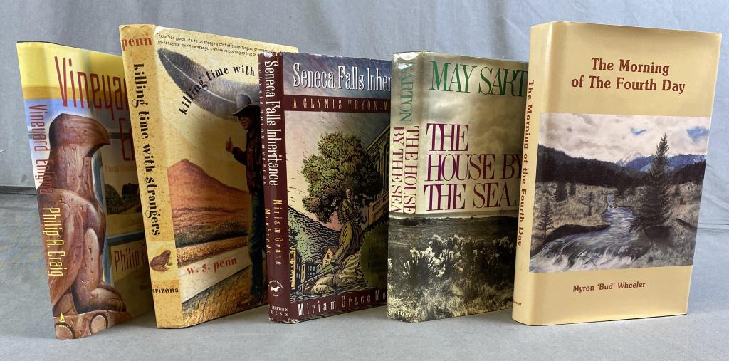 5 Author Signed Novels: Includes "Vineyard Enigma" by Philip R. Craig 2002 - signed, " Killing Time With Strangers" by W. S. Penn 2000 - signed, "Seneca Falls Inheritance" by Miriam Grace Monfredo 1992 - signed, " The House 