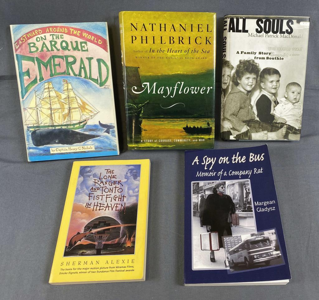 5 Author Signed Books: Includes "Eastward Around the World on the Baroque Emerald" by Captain Henry C. Nichols 1973 - signed. "Mayflower" by Nathaniel Philbrick - signed, "All Souls" by Michael Patrick MacDonald 1999 - sign