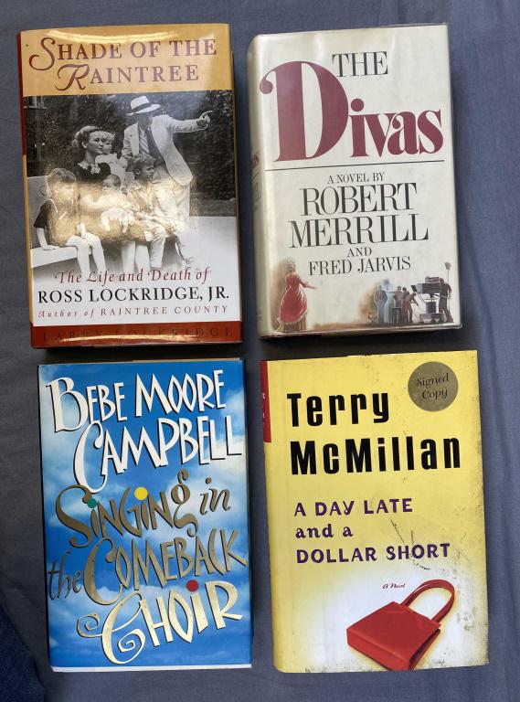 4 Author Signed Novels: Includes "The Shade of Raintree" by Larry Lockridge 1994 - signed, "The Divas" by Robert Merrill 1978 - signed, "Singing in the Comeback Choir" by Bebe Moore Campbell 1998 - signed and "A Day Late and