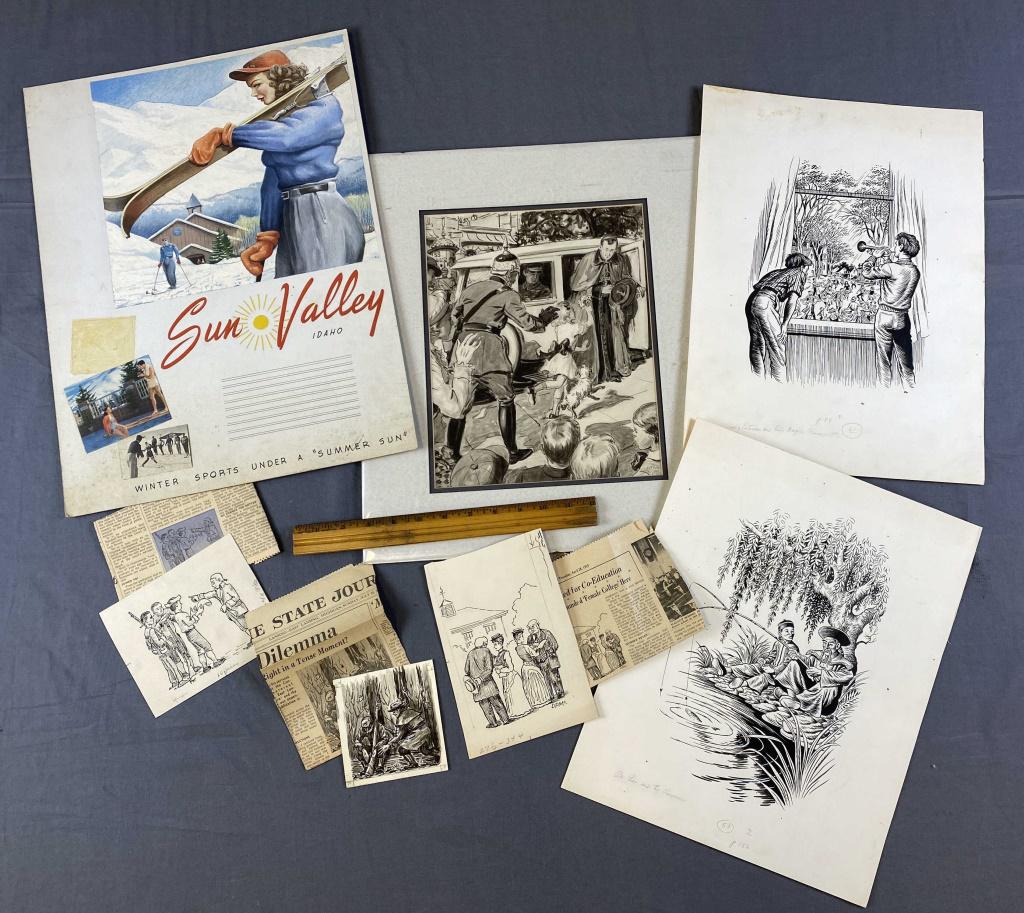 7 Pieces Original Artwork - Cartoon & Illustration: Dating to the 1940s and '50s.