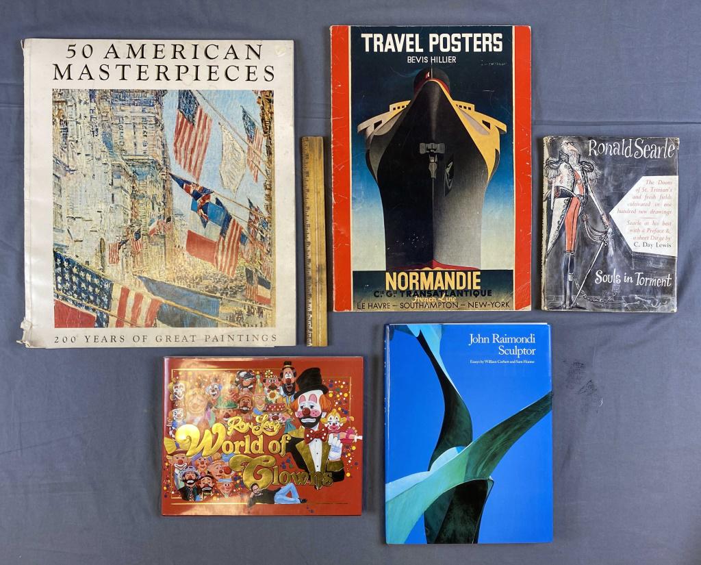 5 Vintage Art Books: Includes "Souls in Torment" by Ronald Searle 1953, "John Raimondi Sculptor" - signed first edition 1999, "Ron Lee's World of Clowns" by Olivia Long 1991 - signed by Ron Lee, "50 American Masterpieces"