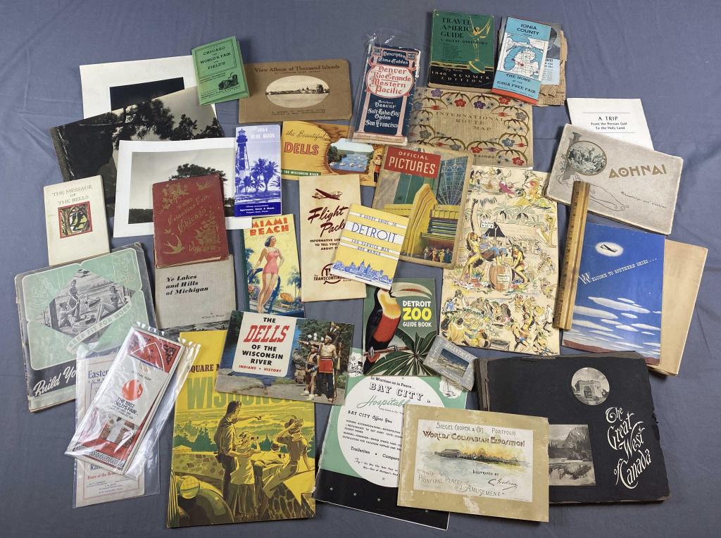 Interesting Collection of Vintage Travel Ephemera: Nice collection including World's Fair Items, a Trader Vic's cocktail menu, 1940s Detroit memorabilia, a bullfight poster and much more as shown. As found condition.