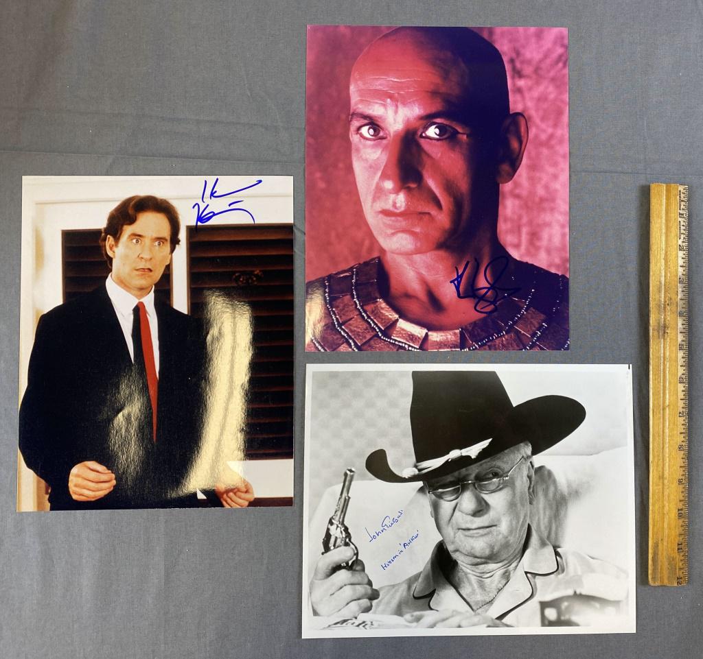 3 Autographed Photos - John Gielgud, Ben Kingsley: Kevin Klein. This group of autographs comes from a reputable collector but they have not been authenticated.
