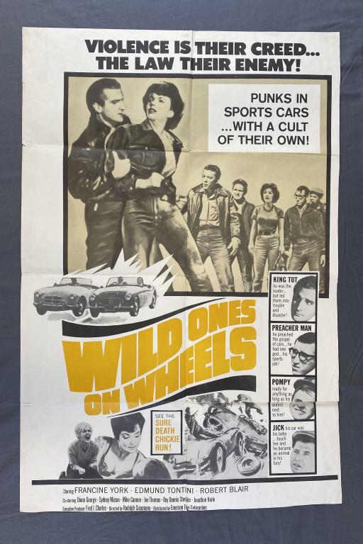 Original Movie Poster "Wild Ones on Wheels": Measures approximately 27" x 41". There are creases from being folded and several splits at those folds.