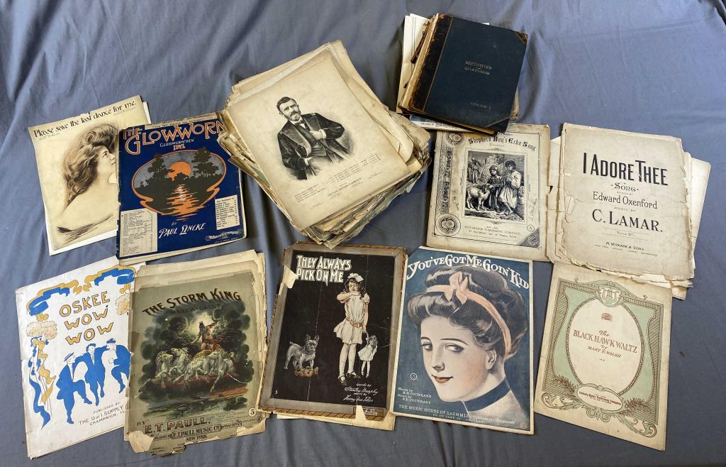 Huge Collection of Antique Sheet Music: As found and unsorted, an interesting lot of early sheet music, much of it is brittle and with some damage.